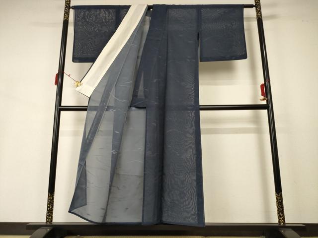 平和屋着物＊夏物　色無地　芝紋紗　藍鉄色　正絹　逸品　AABB2555jd