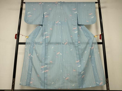 平和屋着物＊夏物 小紋 紗 扇子花文 洗える着物 AABB2565jd