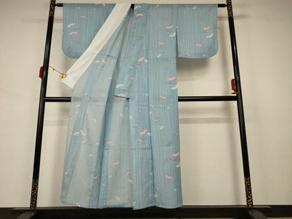 平和屋着物＊夏物 小紋 紗 扇子花文 洗える着物 AABB2565jd
