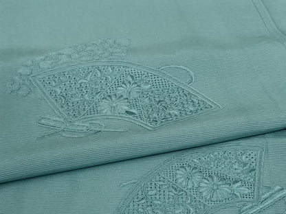 平和屋着物＊夏物 無地絵羽訪問着 絽 刺繍 扇面草花文 錆青磁色 正絹 逸品 AABB2584jd