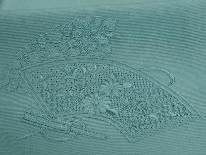 平和屋着物＊夏物 無地絵羽訪問着 絽 刺繍 扇面草花文 錆青磁色 正絹 逸品 AABB2584jd