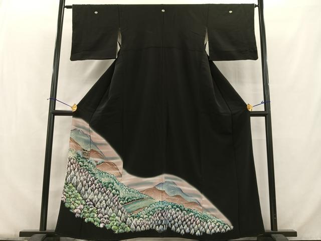 平和屋着物■豪華黒留袖　手描き　風景樹林文　暈し染め　正絹　逸品　AABB2688oa