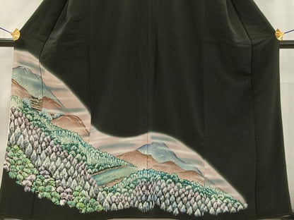 平和屋着物■豪華黒留袖　手描き　風景樹林文　暈し染め　正絹　逸品　AABB2688oa
