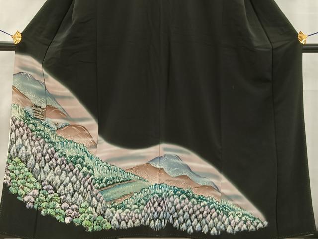平和屋着物■豪華黒留袖　手描き　風景樹林文　暈し染め　正絹　逸品　AABB2688oa