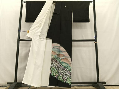 平和屋着物■豪華黒留袖　手描き　風景樹林文　暈し染め　正絹　逸品　AABB2688oa