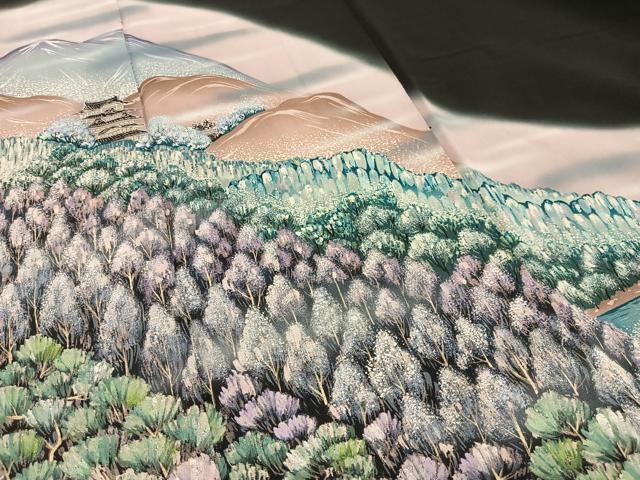 平和屋着物■豪華黒留袖　手描き　風景樹林文　暈し染め　正絹　逸品　AABB2688oa