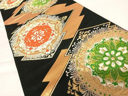 平和屋着物◎六通柄袋帯　松皮菱花文　黒地　金銀糸　正絹　逸品　AABB2727yx