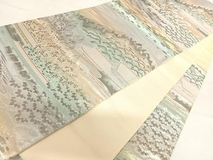 平和屋着物◎西陣　六通柄袋帯　風景文　錦プラチナ箔　正絹　逸品　AABB2729yx
