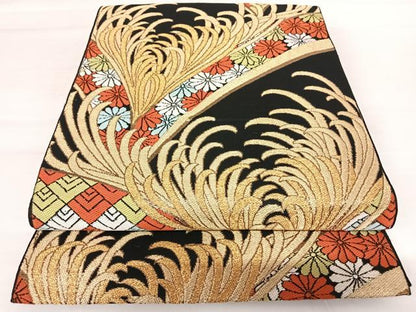 平和屋着物◎六通柄袋帯　裏菊　黒地　金糸　正絹　逸品　AABB2745yx