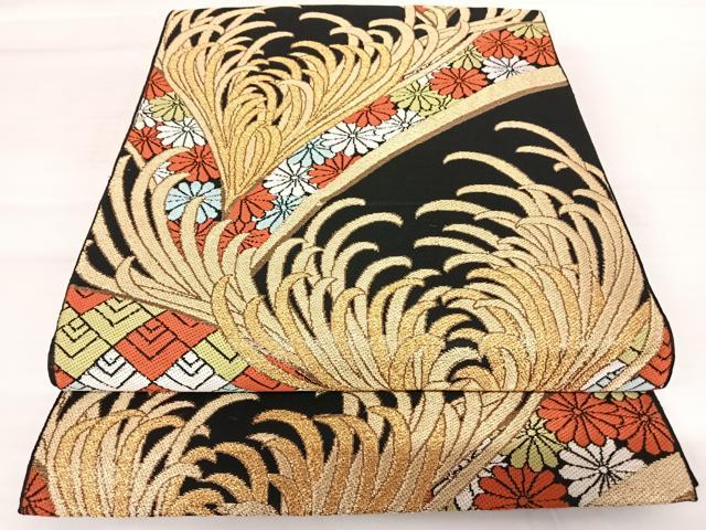 平和屋着物◎六通柄袋帯　裏菊　黒地　金糸　正絹　逸品　AABB2745yx