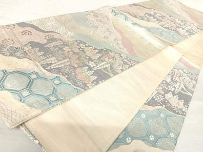 平和屋着物◎六通柄袋帯　唐織　道長花文　銀糸　正絹　逸品　AABB2770yx
