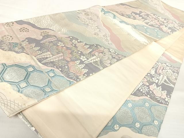 平和屋着物◎六通柄袋帯　唐織　道長花文　銀糸　正絹　逸品　AABB2770yx