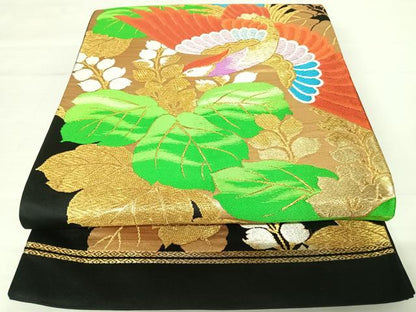 平和屋着物◎六通柄袋帯　草花文　黒地　金糸　正絹　逸品　AABB2798yx