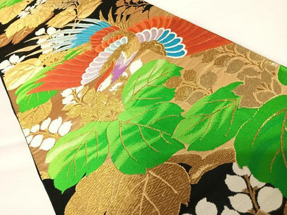 平和屋着物◎六通柄袋帯　草花文　黒地　金糸　正絹　逸品　AABB2798yx