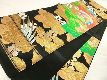 平和屋着物◎六通柄袋帯　草花文　黒地　金糸　正絹　逸品　AABB2798yx