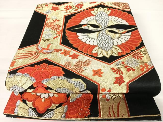 平和屋着物◎六通柄袋帯　双鶴花文　黒地　金銀糸　正絹　逸品　AABB2811yx
