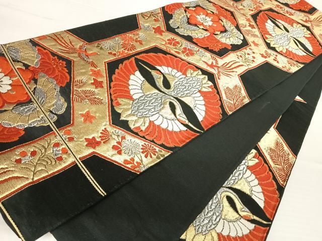 平和屋着物◎六通柄袋帯　双鶴花文　黒地　金銀糸　正絹　逸品　AABB2811yx