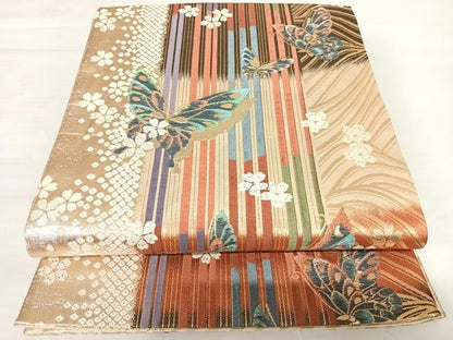 平和屋着物◎六通柄袋帯　舞蝶文　金銀糸　正絹　逸品　AABB2897yx