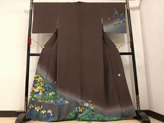 平和屋着物●友禅作家 河野栖山 訪問着 手描き 花鳥唐草文 暈し染め 正絹 逸品 AABB2930ph