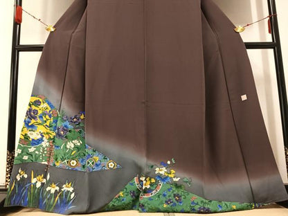 平和屋着物●友禅作家 河野栖山 訪問着 手描き 花鳥唐草文 暈し染め 正絹 逸品 AABB2930ph