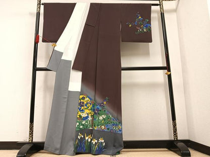 平和屋着物●友禅作家 河野栖山 訪問着 手描き 花鳥唐草文 暈し染め 正絹 逸品 AABB2930ph