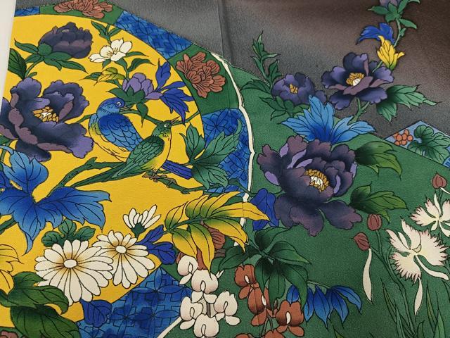 平和屋着物●友禅作家 河野栖山 訪問着 手描き 花鳥唐草文 暈し染め 正絹 逸品 AABB2930ph