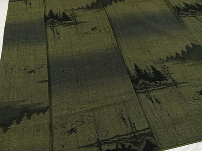 平和屋着物●上質な紬　水辺樹林　鳥　正絹　逸品　AABB2931ph