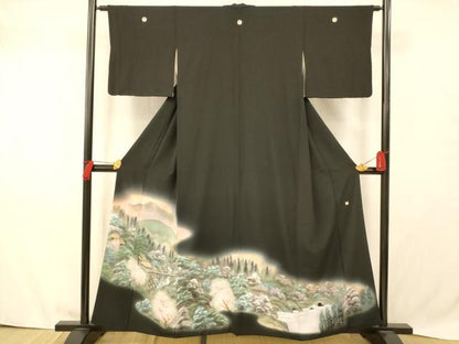 平和屋着物■豪華黒留袖　宝江　手描き　風景文　正絹　逸品　AABB3005fw