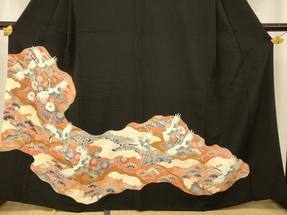 平和屋着物■豪華黒留袖　刺繍　飛鶴吉祥花文　暈し染め　金彩　正絹　逸品　AABB3119fw