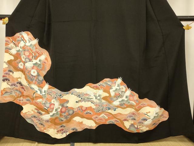 平和屋着物■豪華黒留袖　刺繍　飛鶴吉祥花文　暈し染め　金彩　正絹　逸品　AABB3119fw