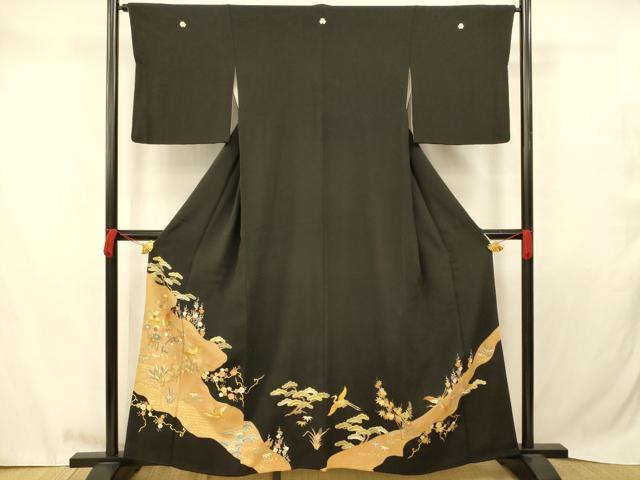 平和屋着物■豪華黒留袖　駒刺繍　飛鶴枝花文　暈し染め　金彩　正絹　逸品　AABB3122fw