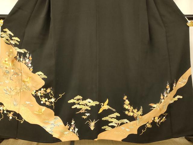 平和屋着物■豪華黒留袖　駒刺繍　飛鶴枝花文　暈し染め　金彩　正絹　逸品　AABB3122fw