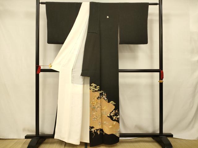 平和屋着物■豪華黒留袖　駒刺繍　飛鶴枝花文　暈し染め　金彩　正絹　逸品　AABB3122fw