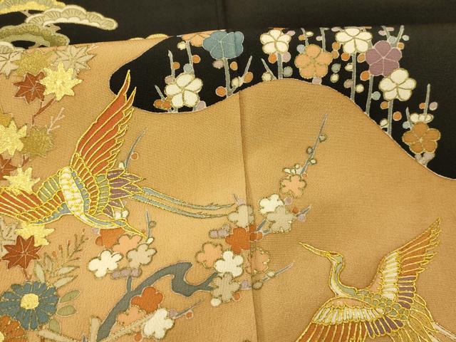 平和屋着物■豪華黒留袖　駒刺繍　飛鶴枝花文　暈し染め　金彩　正絹　逸品　AABB3122fw