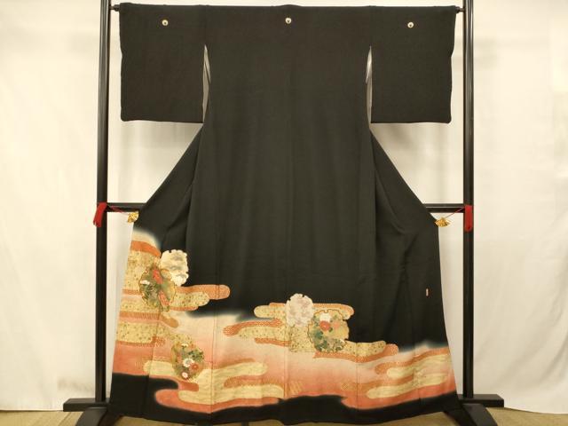 平和屋着物■豪華黒留袖　駒刺繍　よろず染　萬寿　雪輪草花文　暈し染め　金彩　正絹　逸品　AABB3123fw