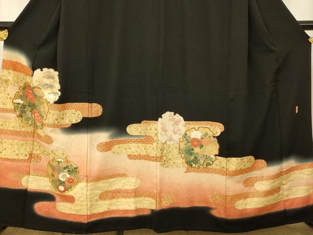 平和屋着物■豪華黒留袖　駒刺繍　よろず染　萬寿　雪輪草花文　暈し染め　金彩　正絹　逸品　AABB3123fw