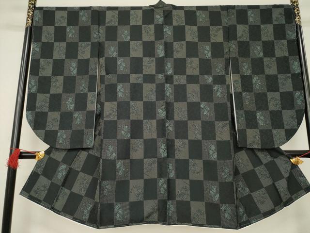 平和屋着物●小振袖 二尺袖 市松花文 黒地 洗える着物 未使用 AABB3223ck