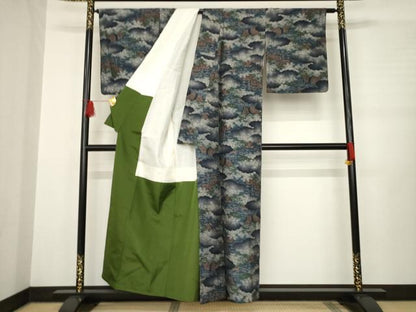 平和屋着物●上質な紬 雲重ね風景文 正絹 逸品 AABB3238ck