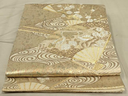 平和屋着物◎六通柄袋帯　扇面花鳥文　金銀糸　正絹　逸品　AABB3246ou