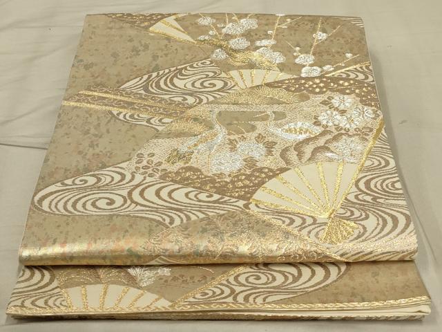 平和屋着物◎六通柄袋帯　扇面花鳥文　金銀糸　正絹　逸品　AABB3246ou