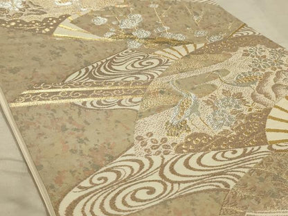 平和屋着物◎六通柄袋帯　扇面花鳥文　金銀糸　正絹　逸品　AABB3246ou