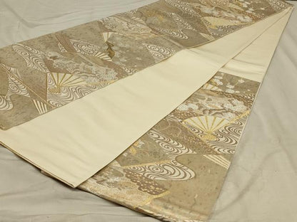 平和屋着物◎六通柄袋帯　扇面花鳥文　金銀糸　正絹　逸品　AABB3246ou