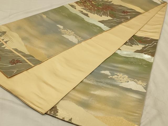 平和屋着物◎六通柄袋帯　風景文　銀糸　正絹　逸品　AABB3252ou