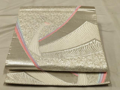平和屋着物◎六通柄袋帯 唐織 孔雀花文 銀糸 正絹 逸品 AABB3253ou