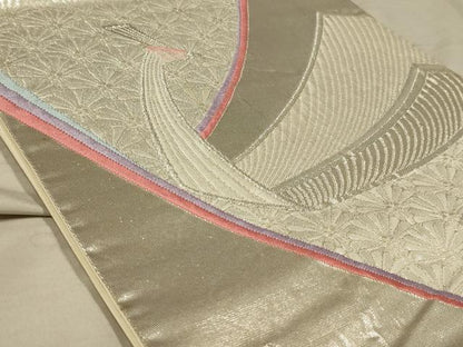 平和屋着物◎六通柄袋帯 唐織 孔雀花文 銀糸 正絹 逸品 AABB3253ou