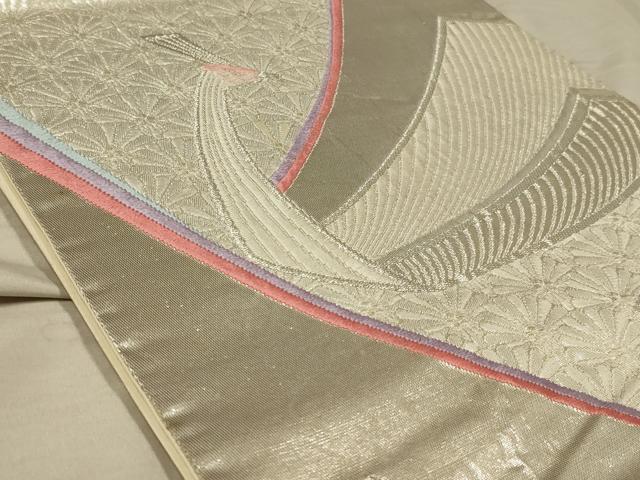 平和屋着物◎六通柄袋帯 唐織 孔雀花文 銀糸 正絹 逸品 AABB3253ou