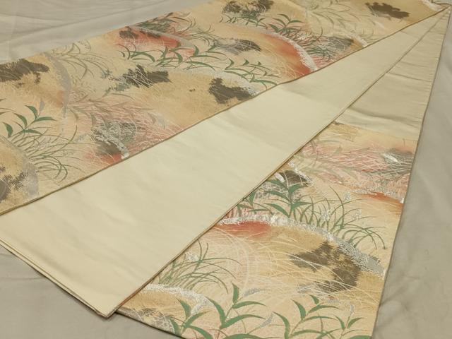 平和屋着物◎六通柄袋帯　草葉文　銀糸　正絹　逸品　AABB3254ou