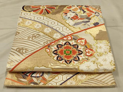 平和屋着物◎六通柄袋帯　唐織　鴛鴦花文　金糸　正絹　逸品　AABB3255ou