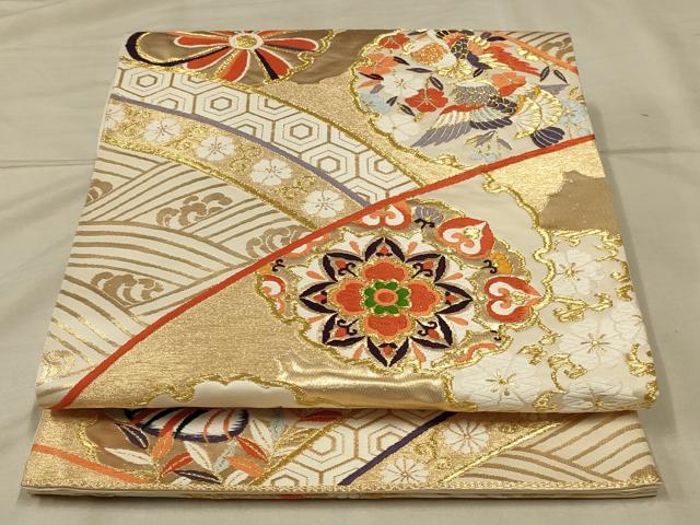 平和屋着物◎六通柄袋帯　唐織　鴛鴦花文　金糸　正絹　逸品　AABB3255ou