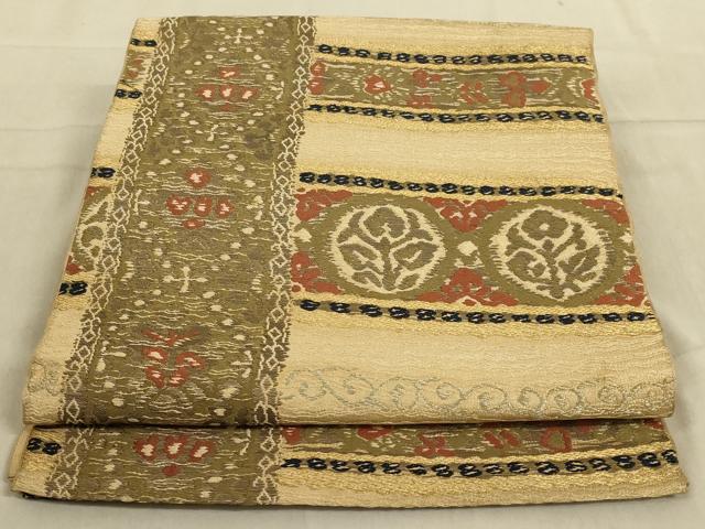 平和屋着物◎六通柄袋帯 唐織 横段花文 金糸 正絹 逸品 AABB3263ou